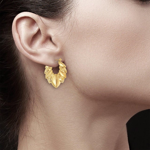 ♥ Product Summary ♥ Details: Hollow Vintage Shrimp Earrings with Matte & Diamond Cut Finish Metal: 14K Yellow Gold (Not...