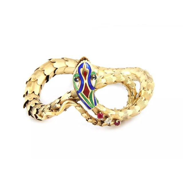 Snake Diamond & Gems Multicolor Enamel 14k Gold Bracelet For Sale - Image 4 of 7