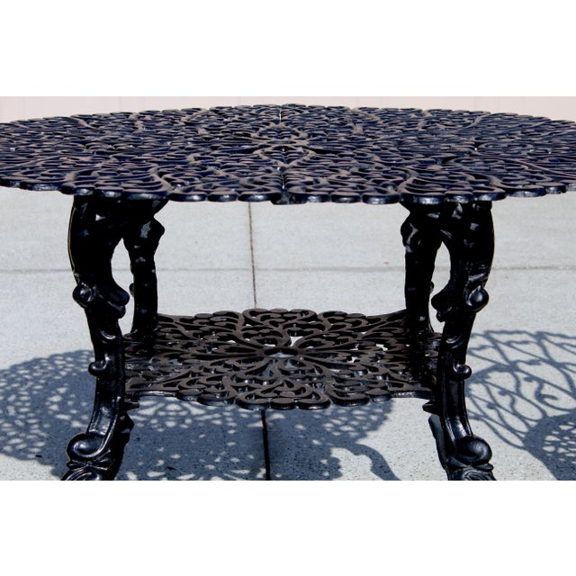 Mid-Century Ornate Cast Aluminum Patio Dining Set – Filigree Round Table With 4 Heart-Back Armchairs For Sale - Image 12 of 16