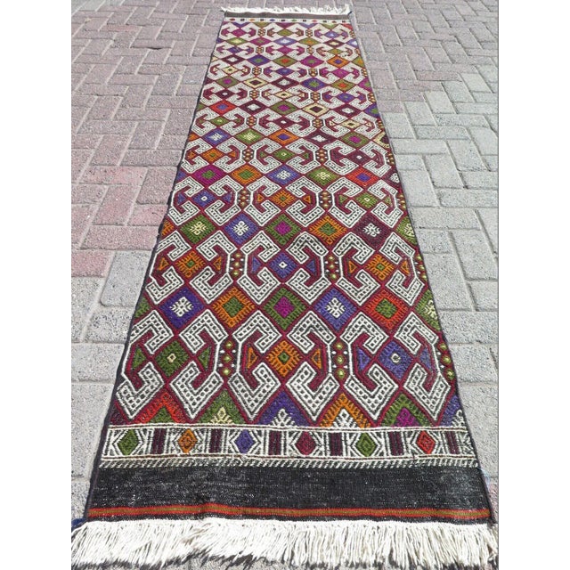 1960s Embroidered Kilim Runner Rug -28"x104" For Sale - Image 11 of 11