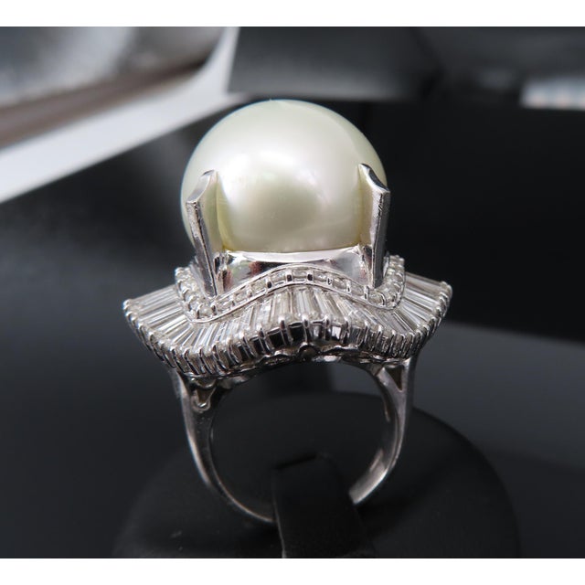 White Late 20th Century Rare 18mm South Seas Pearl & 3.63ct Diamond Platinum Ring, 32gr Size 5.75 For Sale - Image 8 of 18