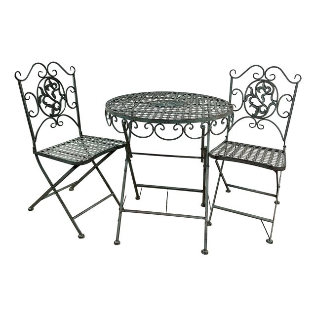 Folding Wrought Iron Garden Furniture Set, 1980s, Set of 3 For Sale