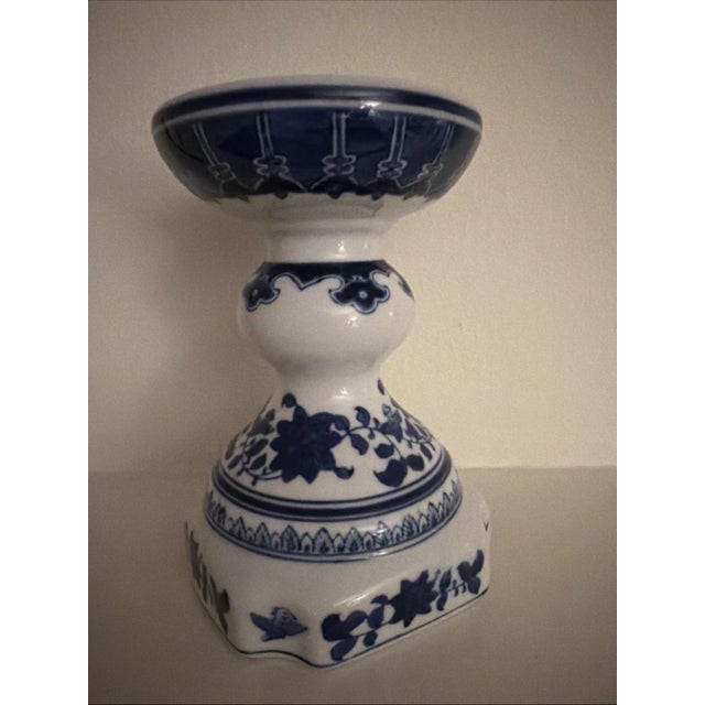 Vintage Chinese Blue and White Temple Candle Holder. Condition is Used.