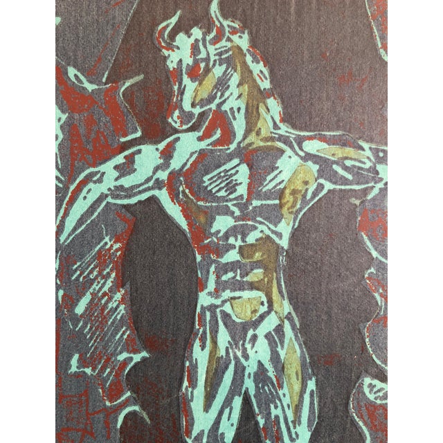 This came out of a Chicago collection. It appears to be signed Linda Tweed. It depicts a centaur like mythological figure....