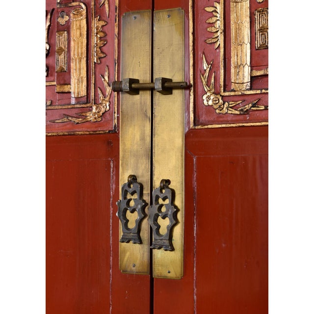 Ornately Carved Asian Modern Red Lacquer Gilt Gold Tv Cabinet Bar With Brass Hardware For Sale - Image 10 of 14