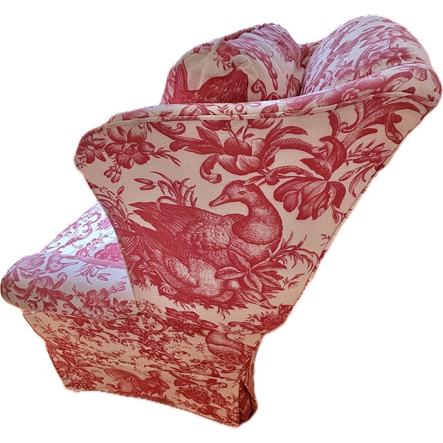 Custom Wingback Chair in Red Raspberry and Cream in Heritage Toile by Brunschwig & Fils For Sale - Image 16 of 17