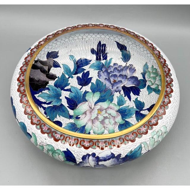 Large Cloisonné Floral Bowl With Peony Motif on Carved Wood Stand — Chinoiserie / Asian Traditional For Sale - Image 14 of 18