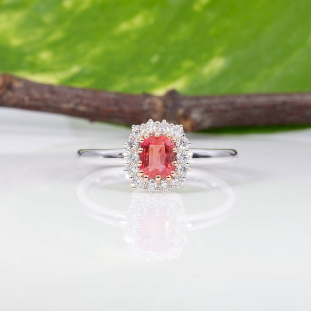 2020s Aaa Padparadscha Sapphire Ring With Earth-Mined Diamond Accents: Solid 14k Gold, Size 6.75 For Sale - Image 5 of 9