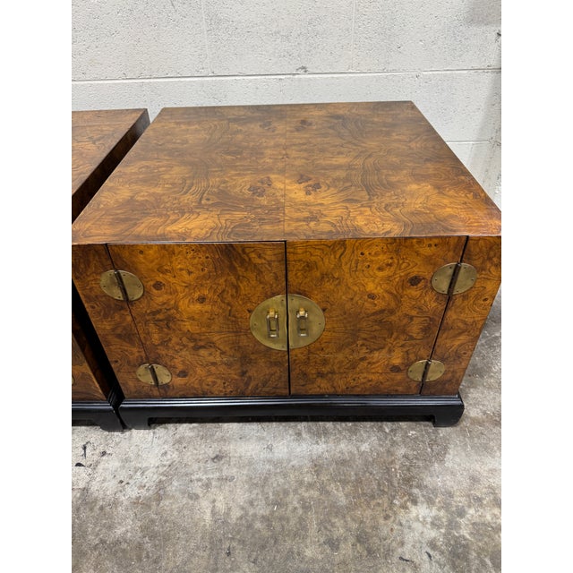 1970s Vintage Asian Style Burlwood Nightstands - A Pair For Sale - Image 5 of 9