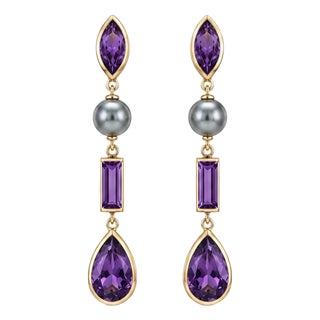 Amethyst & Pearl Drop Earrings Studs, Silver, Gold, Pair For Sale