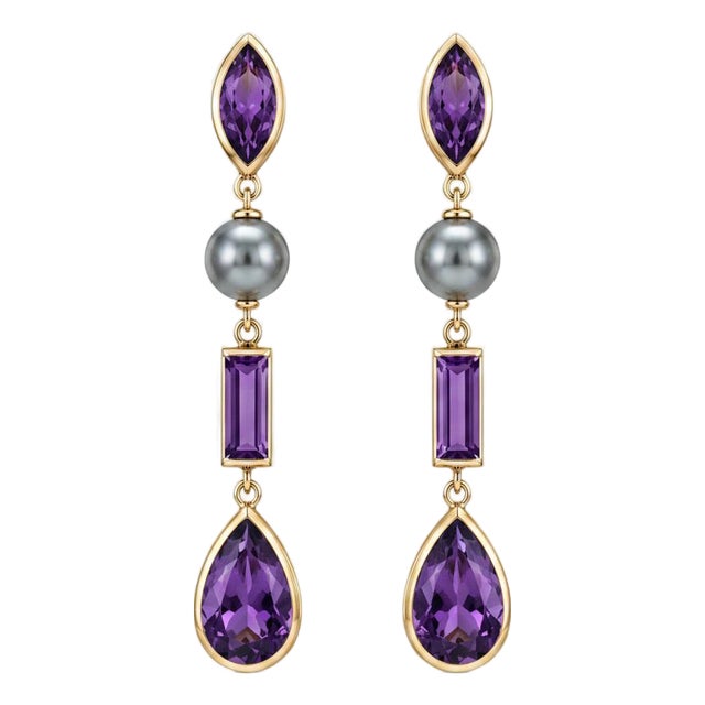 Amethyst & Pearl Drop Earrings Studs, Silver, Gold, Pair For Sale