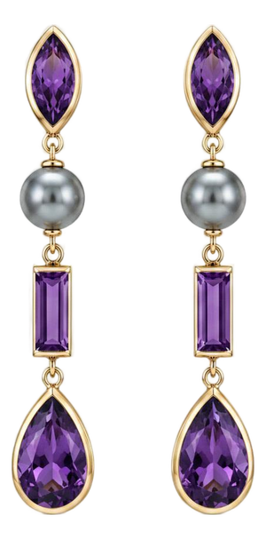 Amethyst & Pearl Drop Earrings Studs, Silver, Gold, Pair