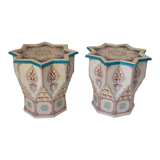 Moroccan Moorish Star Shape Ivory Side Tables a Pair For Sale
