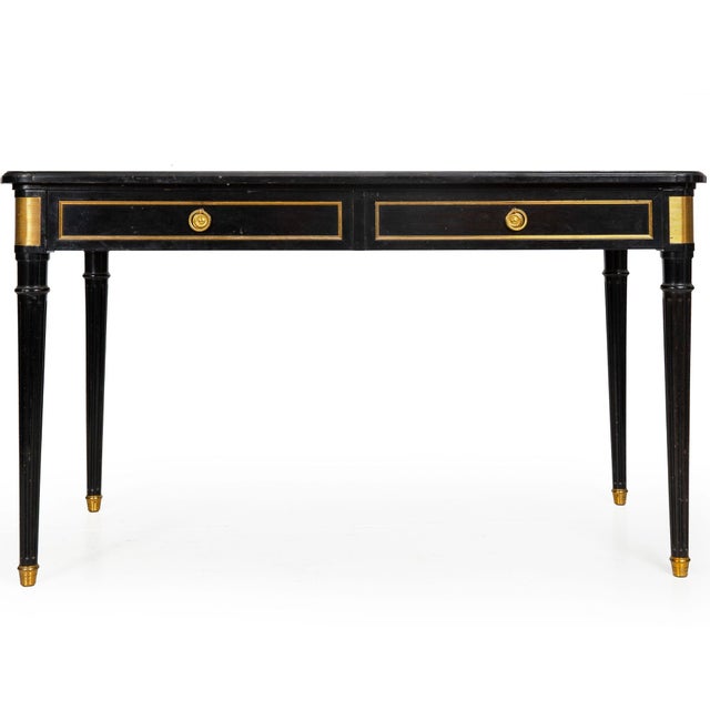 A Fine Black Louis XVI Style Leather Writing Table Desk Bureau Plat Ca. 1950 For Sale - Image 4 of 18