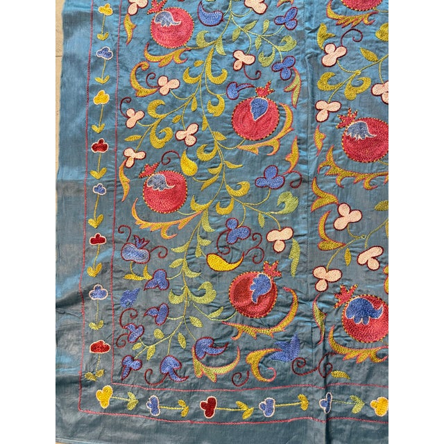 Blue Silk Suzani Wall Decor With Red Pomegranates For Sale - Image 4 of 10