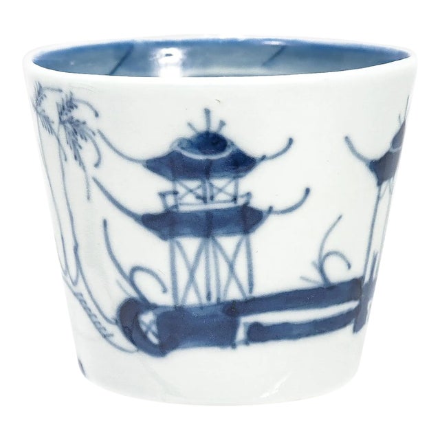 Antique Blue & White Chinese Export Canton Porcelain Wine Beaker or Cup For Sale