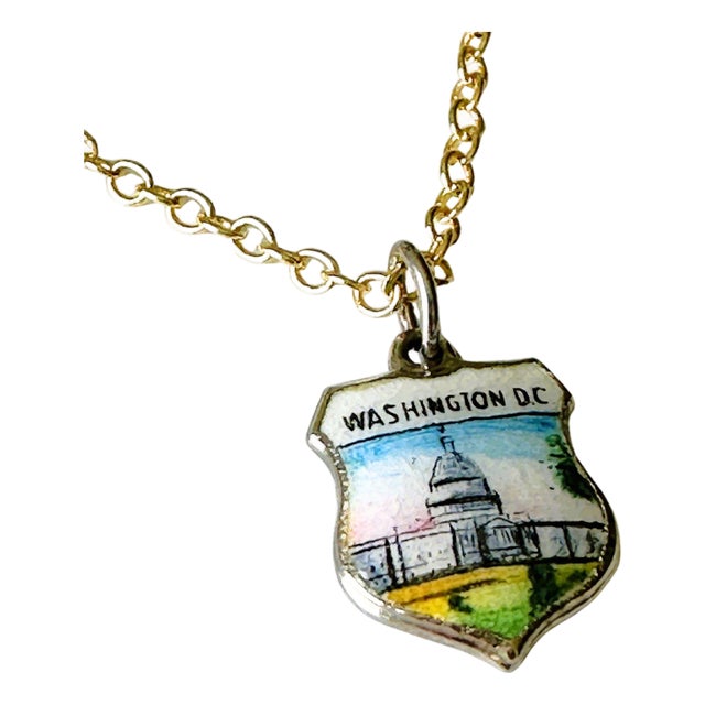 DC Washington Vintage Fritz Reu Sterling Silver Enamel Charm on New 18 Inch Gold Filled Necklace For Sale