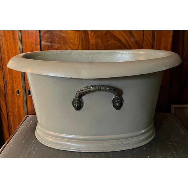Antique 19th Century French Second Empire Tole Gray Painted Oval Jardiniere Cachepot Planter With Mask Handles For Sale - Image 11 of 18