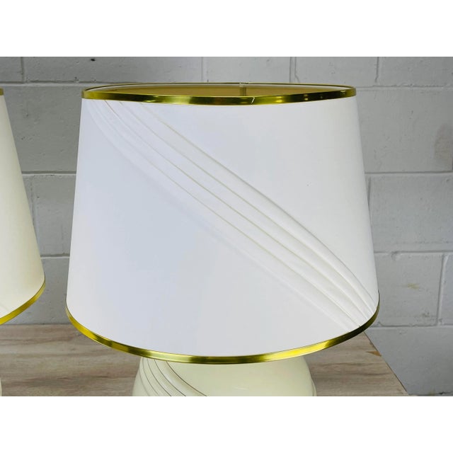 Vintage 1970s Cream & Gold Round Table Lamps, Pair For Sale - Image 4 of 11