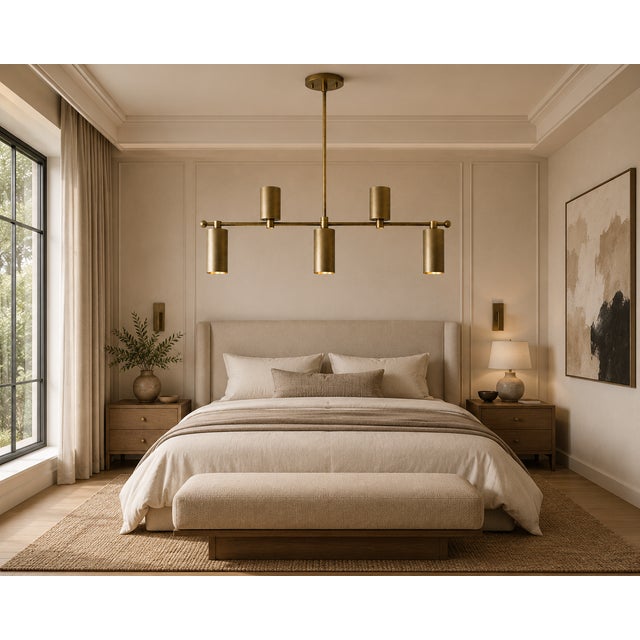 Handcrafted Solid Brass Linear 5 Light Chandelier, Industrial Brass Chandelier, Ceiling Light Fixture, Dining Room Lighting For Sale - Image 4 of 10