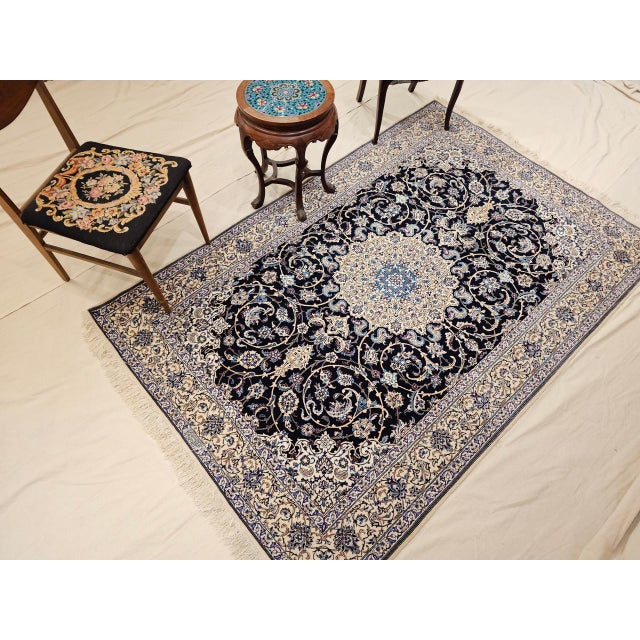 Vintage Fine Nain Habibian Area Rug, Hand-Knotted Wool & Silk, Floral Pattern, 5x8, Navy & Ivory For Sale - Image 12 of 12
