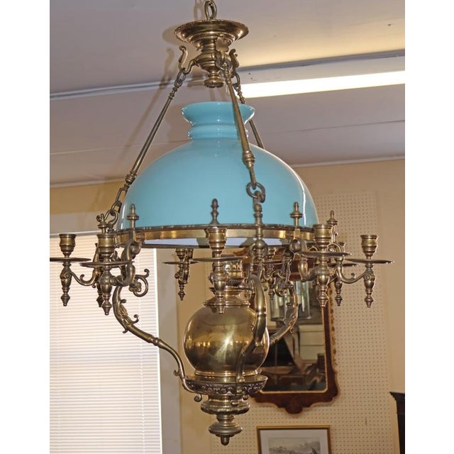 Late 19th Century Brass Kerosene Oil Chandelier With Blue Shade For Sale - Image 4 of 12