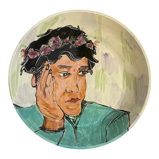 Extra Large Vintage Decorative Glazed Pottery Bowl Depicting a Woman With Floral Crown, Signed Spirt Circa 1990’s For Sale