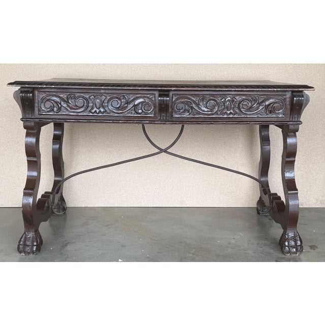 19th Century Spanish Baroque Style Oak Library Table or Desk, Two Faces For Sale - Image 17 of 18