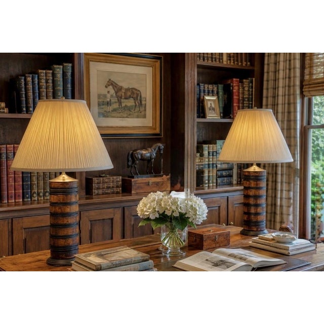 Turned Wood Barrel Form Table Lamps With Shades, Set of 2 For Sale - Image 18 of 18