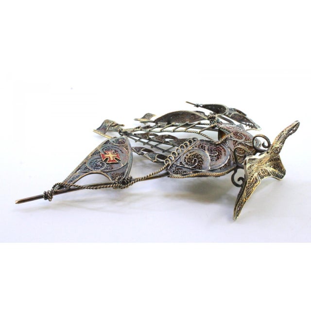Silver Filigree Caravel with Flags and Maltese Crosses Sails in Relief For Sale - Image 4 of 8