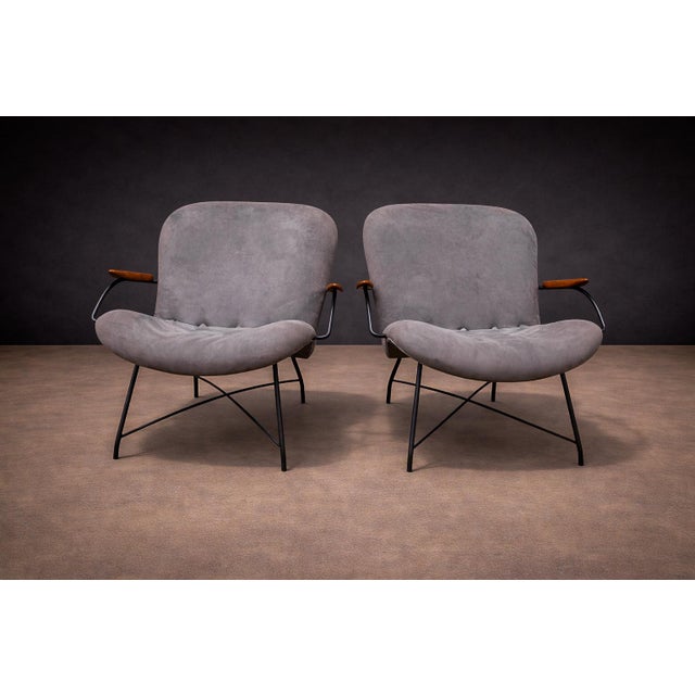 Gray Pair of Armchairs Gray Fabric, Rosewood, & Metal, Carlo Hauner, 1950s - Lot 184 For Sale - Image 8 of 14