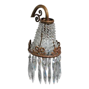 C1890 French Napoleon III Bronze W/ Cascading Cut Beaded Crystal Lantern Style Wall Sconce