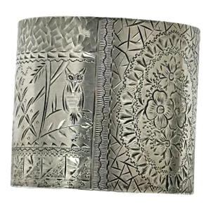 Fancy Hand Engraved Antique American Coin Silver Napkin Ring With Owl & Flowers by Wood & Hughes - Circa 1870