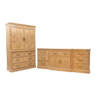 1980s Drexel Heritage Corinthian Olive Ash Burl 2-Piece Bedroom Set For Sale