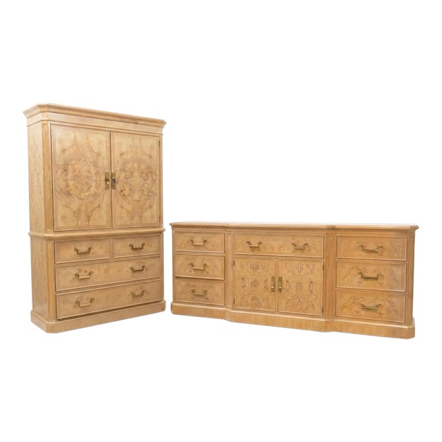 1980s Drexel Heritage Corinthian Olive Ash Burl 2-Piece Bedroom Set For Sale