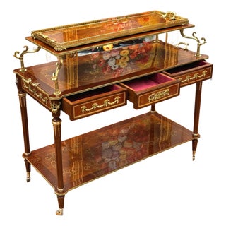 French Louis XVI Style Rolling Serving Table – Wood With Gold Leaf Details, 3 Drawers & Casters For Sale
