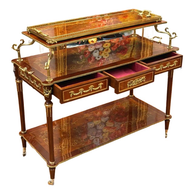 French Louis XVI Style Rolling Serving Table – Wood With Gold Leaf Details, 3 Drawers & Casters For Sale