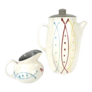 1950s Mid Century Modern Harker Seafare Atomic Fish Pottery Lidded Coffee Pot Creamer