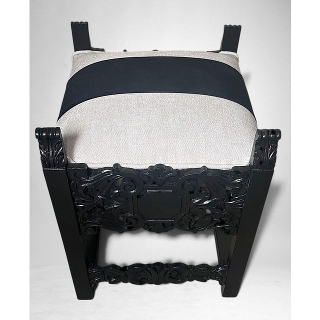 Late 19th Century Italian Neo-Renaissance Style Bench Carved Wood and Linen Blend and Velvet For Sale - Image 4 of 18