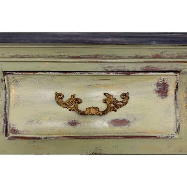 Celadon Late 20th Century Thomasville French Provincial Painted & Distressed Marble Top Bombe Commode For Sale - Image 8 of 13