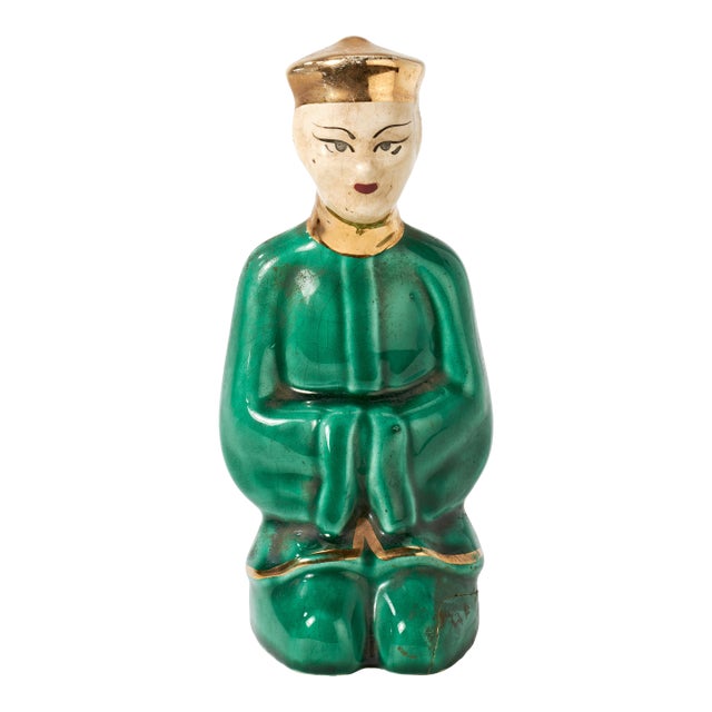 Vintage Ceramic Figurine of Kneeling Chinese Man in Green and Gold For Sale