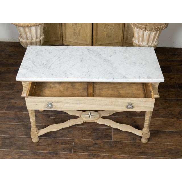 19th Century, Bleached Walnut Console Table with White Marble Top, Faceted Legs For Sale - Image 11 of 12