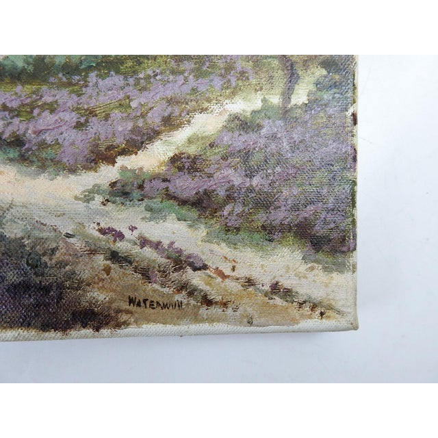 Vintage early 20th century continental school oil on canvas painting of small chapel in lavender fields landscape. Signed...
