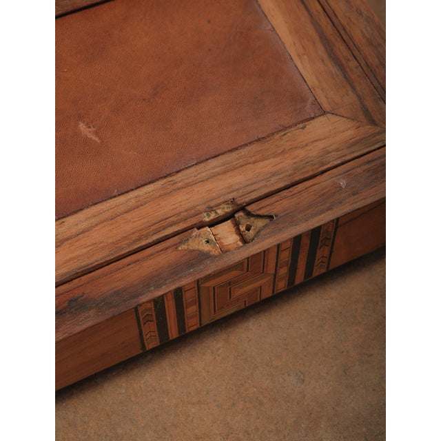 Vintage Marquetry Inlaid Writing Slope Lap Desk With Geometric Motif and Leather Interior For Sale - Image 9 of 13