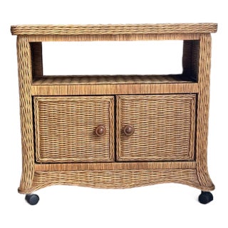 1980s Coastal Style Wicker Cabinet on Casters For Sale