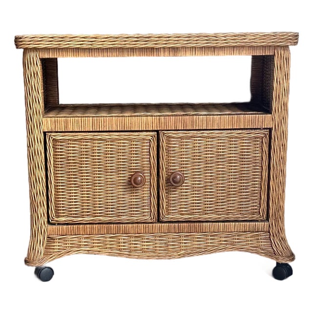 1980s Coastal Style Wicker Cabinet on Casters For Sale
