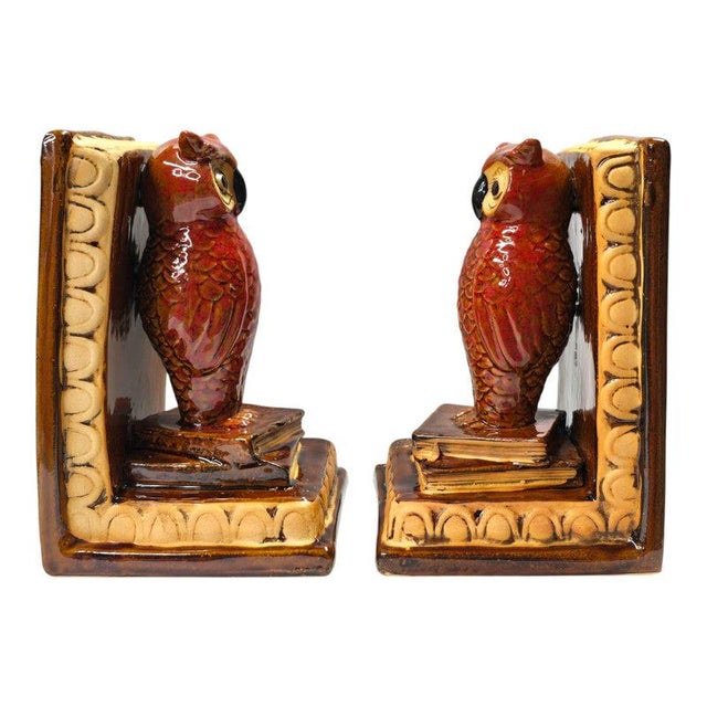 Vintage Ceramic Great Horned Owl Bookends – Red Glaze Sculptural Pair For Sale - Image 4 of 15