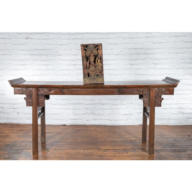 An antique Indian temple multicolor carving from the 19th century depicting Ganesha with consort Riddhi or Siddhi on his...