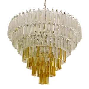 Large Clear and Amber “Triedro” Murano Glass Chandelier