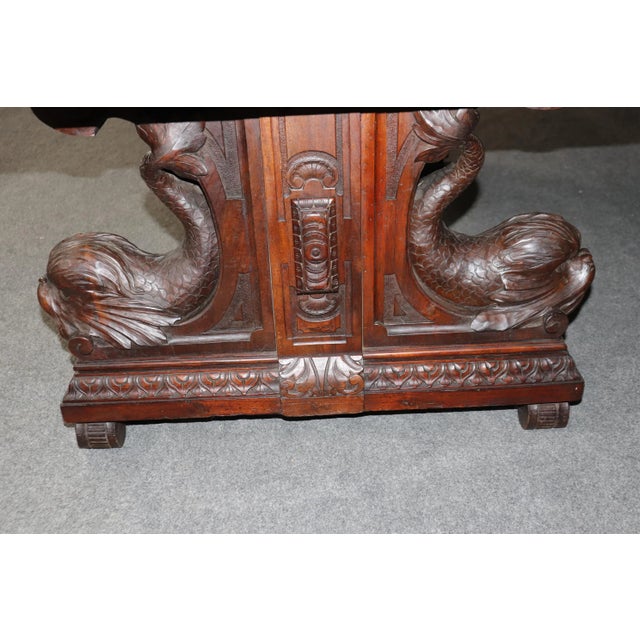 Fine Carved Italian Walnut Mythical Dolphin Base Library Table Writing Desk For Sale - Image 11 of 11